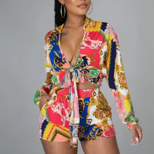 Print Long Sleeve Blouse & Shorts Set