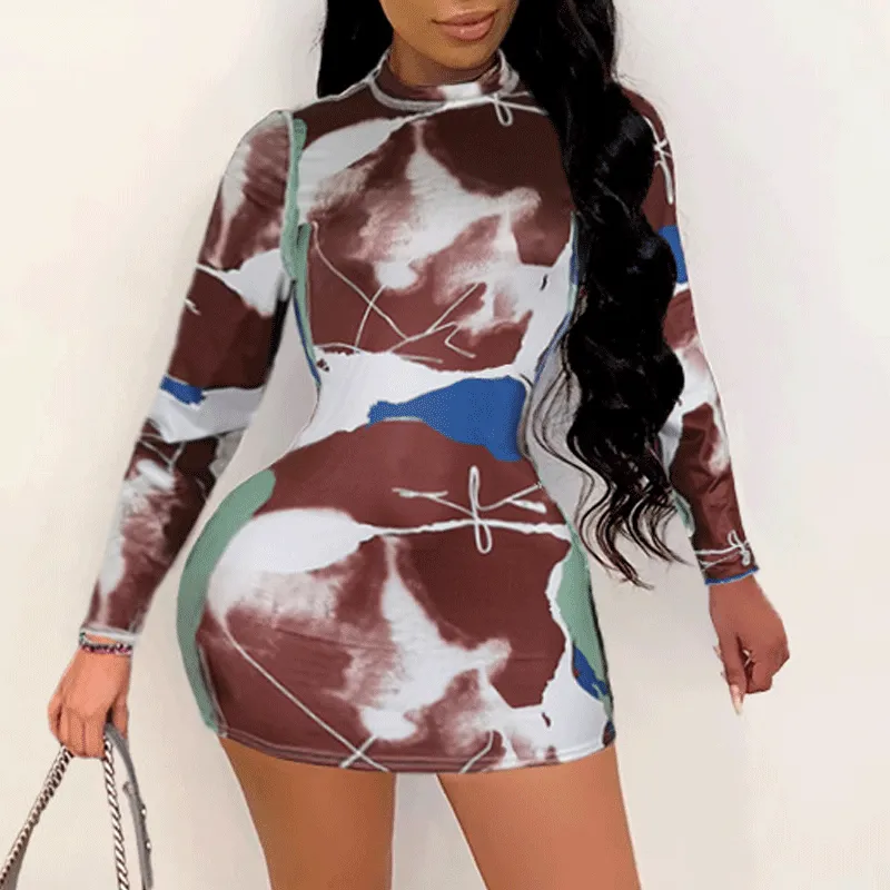 Print Long Sleeve Bodycon Dress