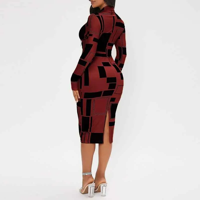Print Long Sleeve Midi Dress