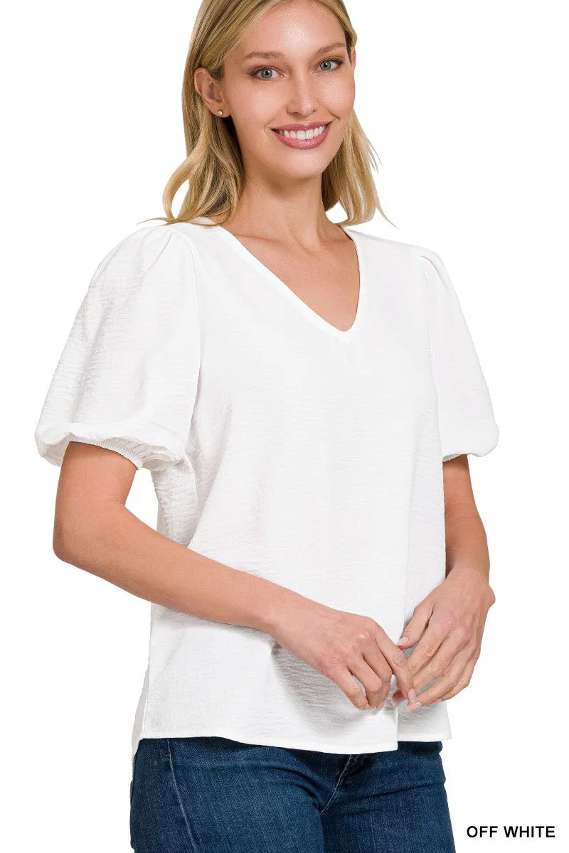 Puff Sleeve V-Neck Blouse in White * on sale