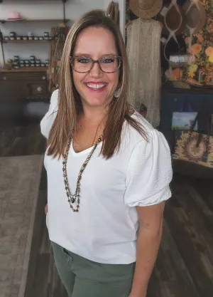 Puff Sleeve V-Neck Blouse in White * on sale