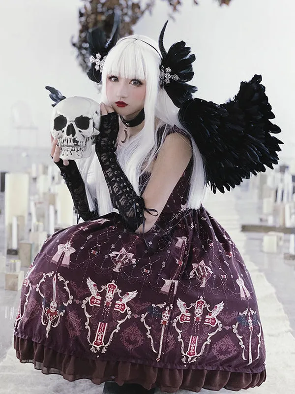 Punk Gothic Lolita JSK Dress Ruffles Maroon Sleeveless Polyester Lolita Jumper Skirts