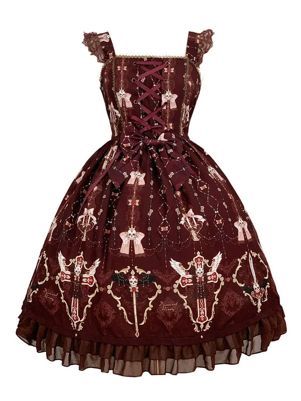 Punk Gothic Lolita JSK Dress Ruffles Maroon Sleeveless Polyester Lolita Jumper Skirts