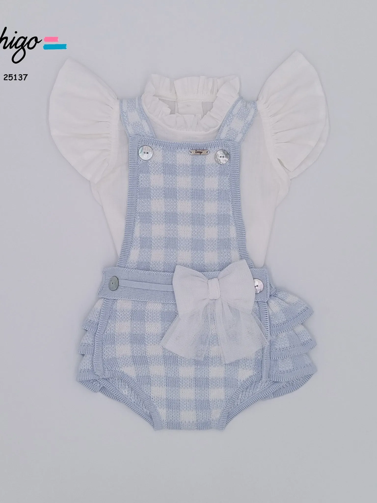 Rahigo Baby blue checked knitted romper & blouse set