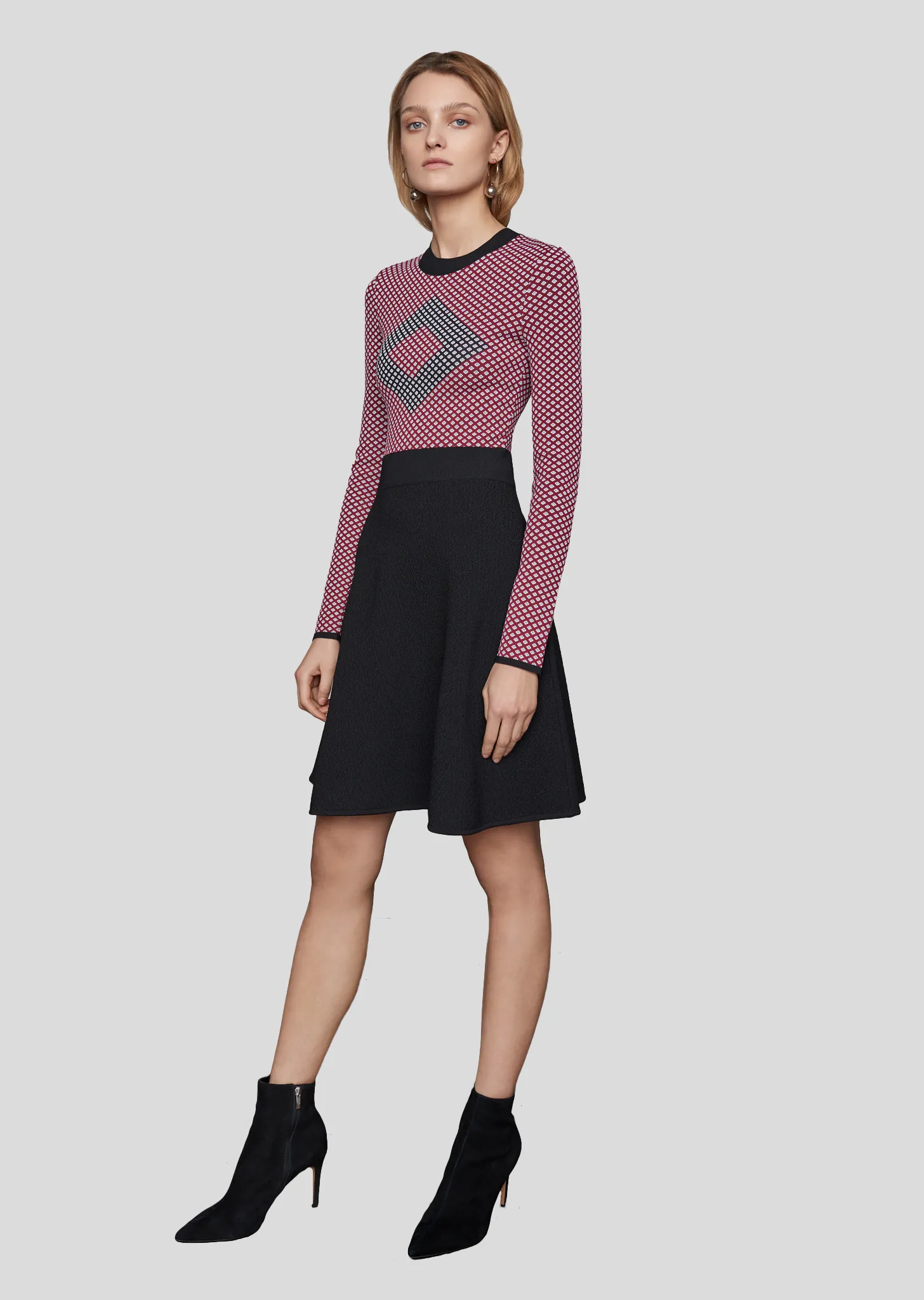 Raina – Diamond Pattern Long Sleeve Fit and Flare Dress