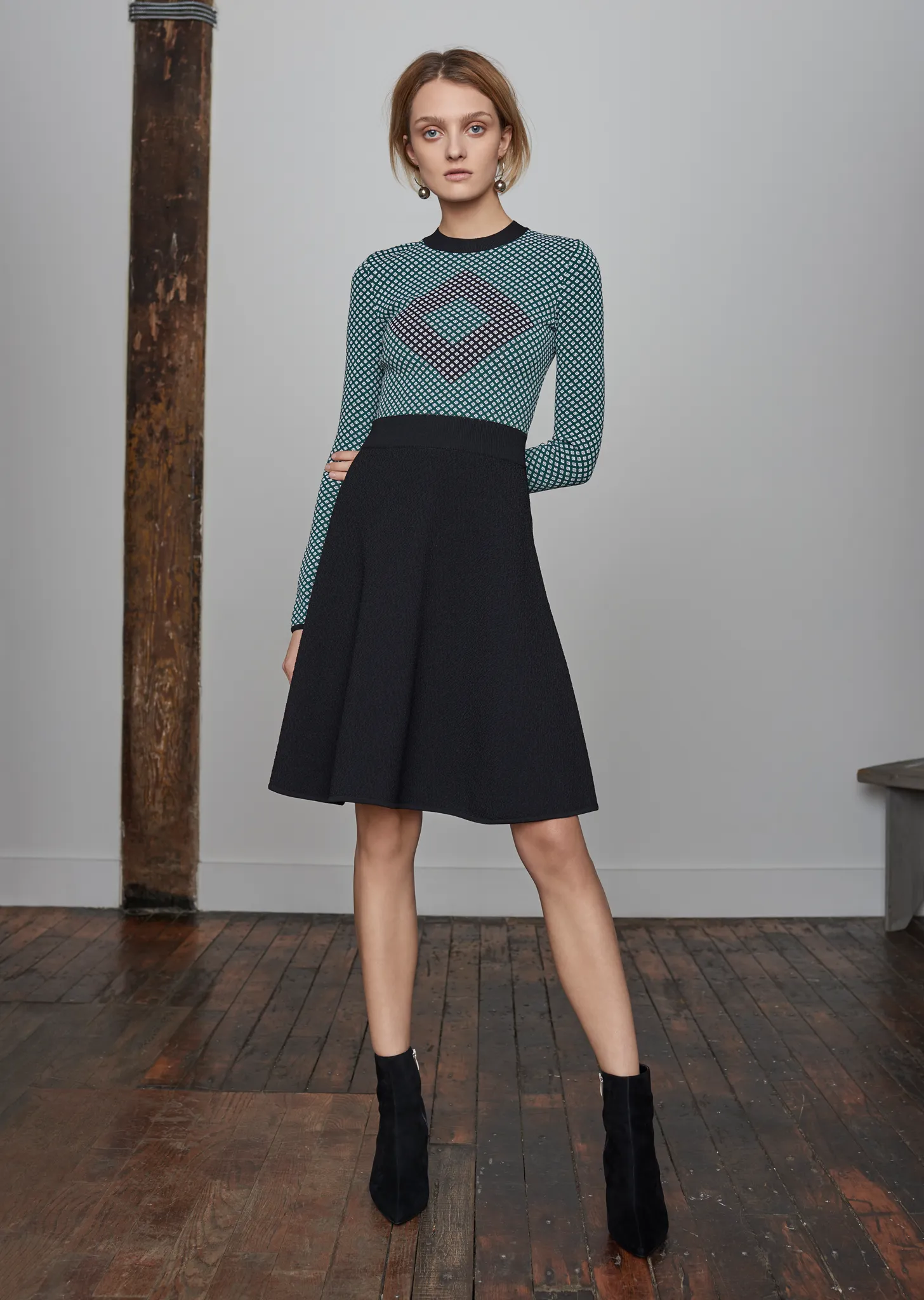 Raina – Diamond Pattern Long Sleeve Fit and Flare Dress