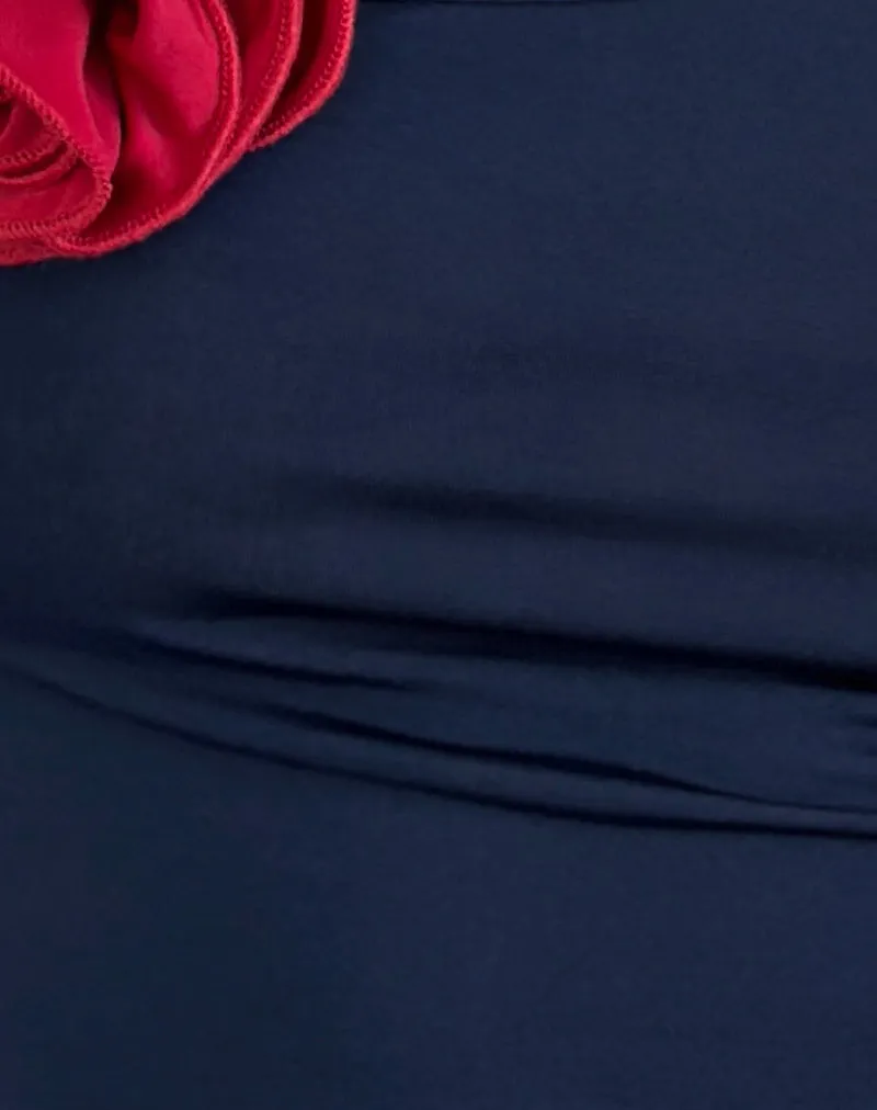 Rayla Top in Lycra Dark Navy with Red Rosette