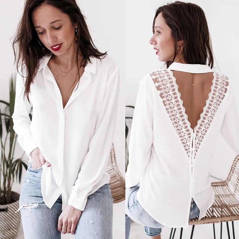 Rear Lace  Blouse V Neck Harajuku Shirt