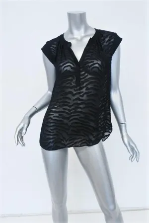 Rebecca Taylor Blouse Black Tiger Fil Coupe Size 0 Cap Sleeve Top