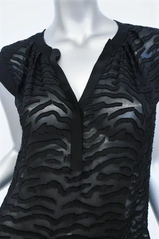 Rebecca Taylor Blouse Black Tiger Fil Coupe Size 0 Cap Sleeve Top