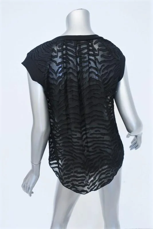 Rebecca Taylor Blouse Black Tiger Fil Coupe Size 0 Cap Sleeve Top