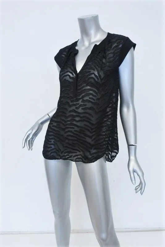 Rebecca Taylor Blouse Black Tiger Fil Coupe Size 0 Cap Sleeve Top