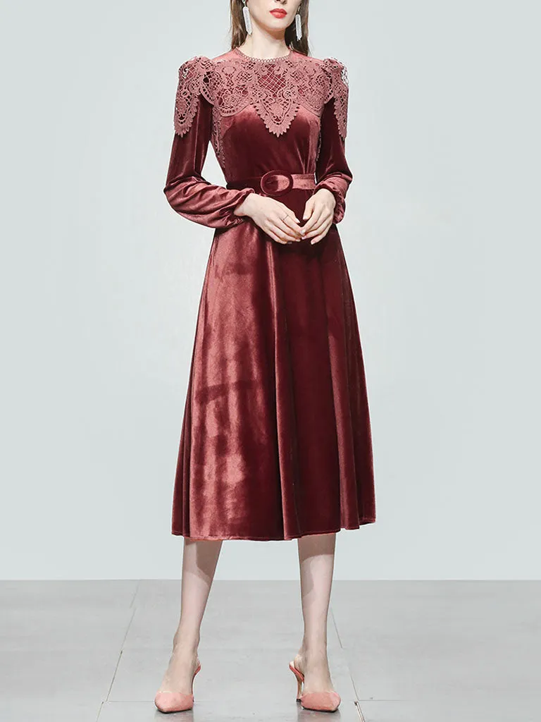 Red Crew Neck Velvet Puff Sleeve 1950S Vintage Dress With Belt
