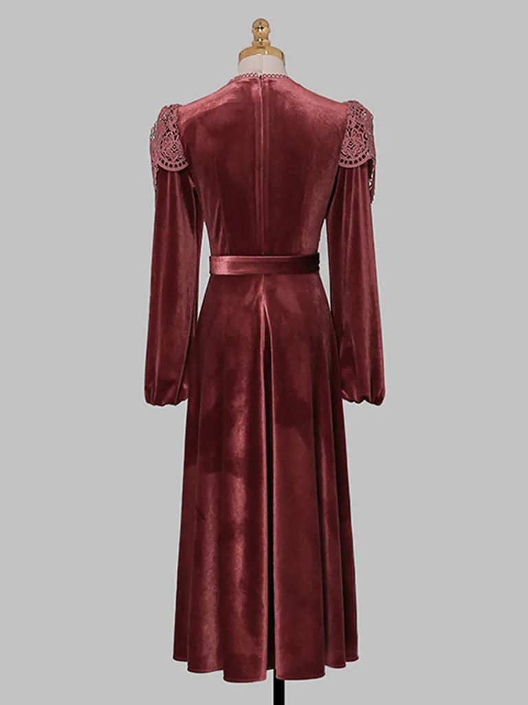 Red Crew Neck Velvet Puff Sleeve 1950S Vintage Dress With Belt