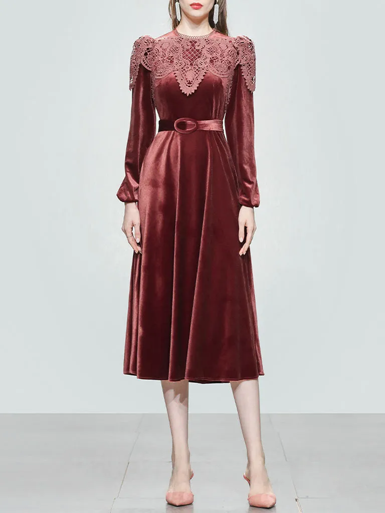 Red Crew Neck Velvet Puff Sleeve 1950S Vintage Dress With Belt