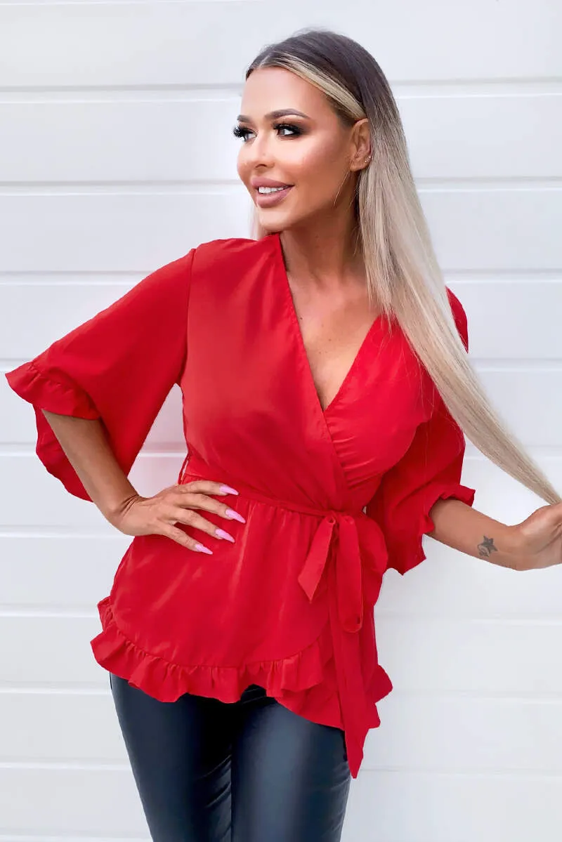 Red Frill Wrap Top