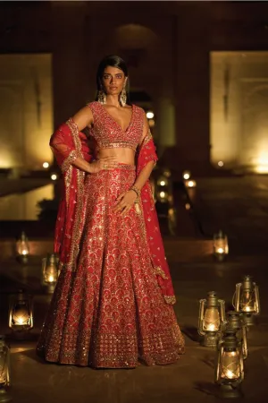 Red Mirror Work Lehenga Set