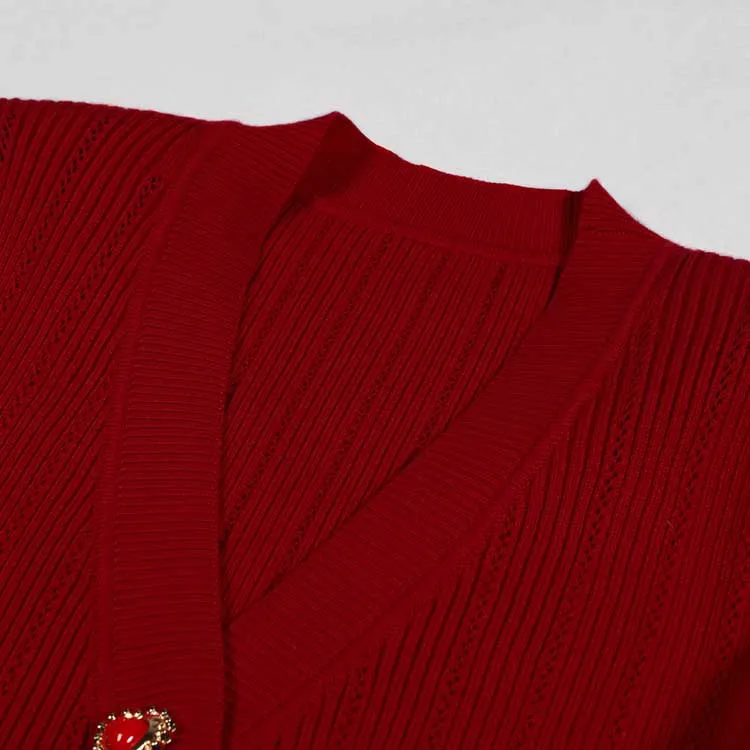 Red V-Neck Long Sleeves Mini Knitted Dress Short A-Line Dress
