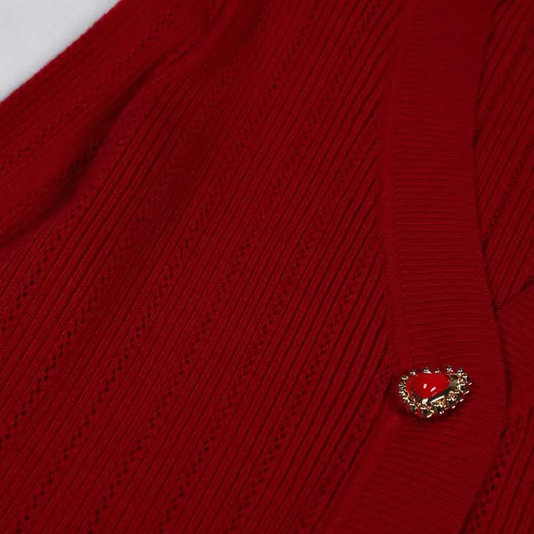 Red V-Neck Long Sleeves Mini Knitted Dress Short A-Line Dress