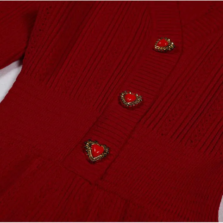 Red V-Neck Long Sleeves Mini Knitted Dress Short A-Line Dress