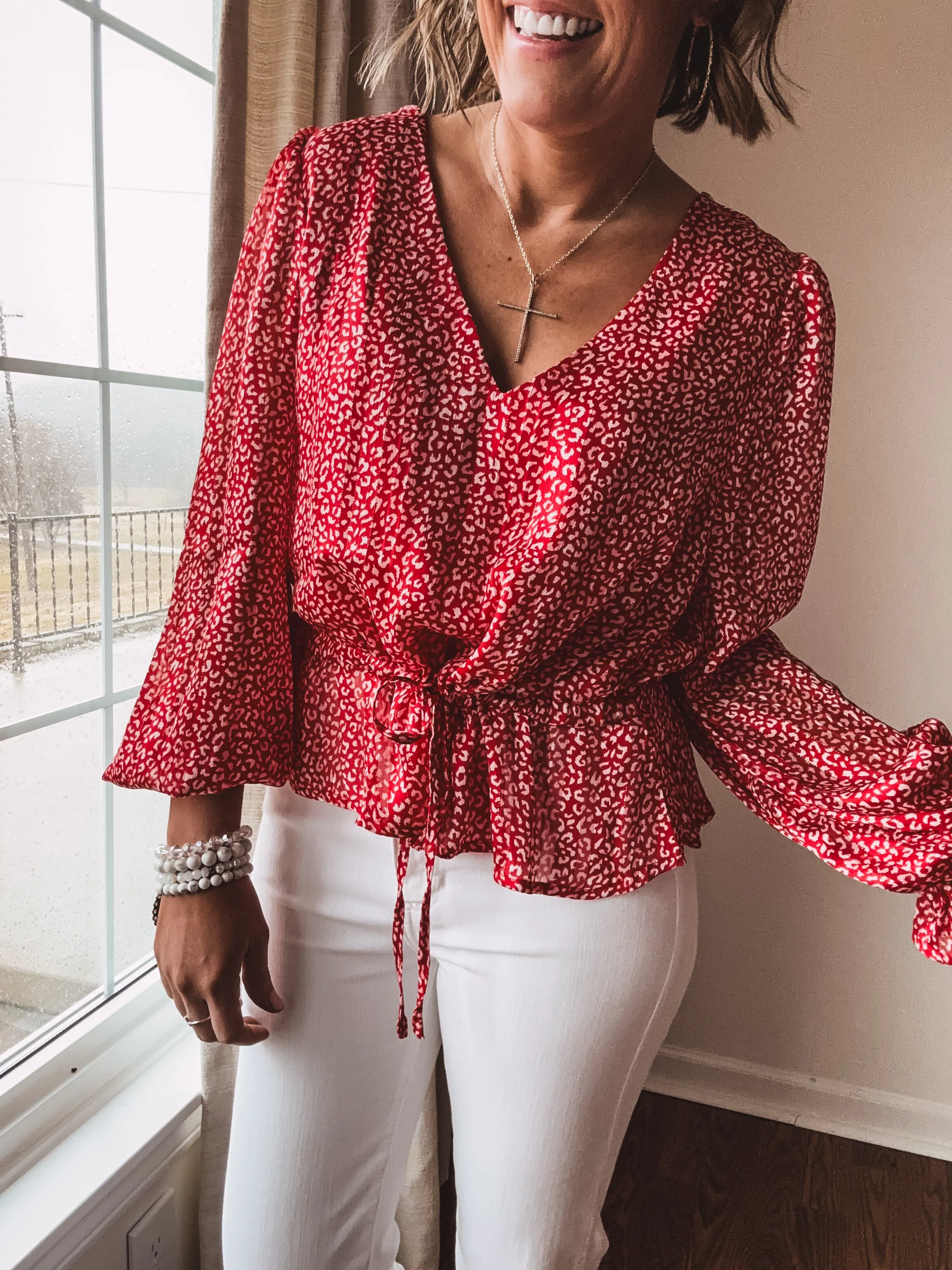 Red   White Mini Leo Print V Neck Blouse with Tie Waist