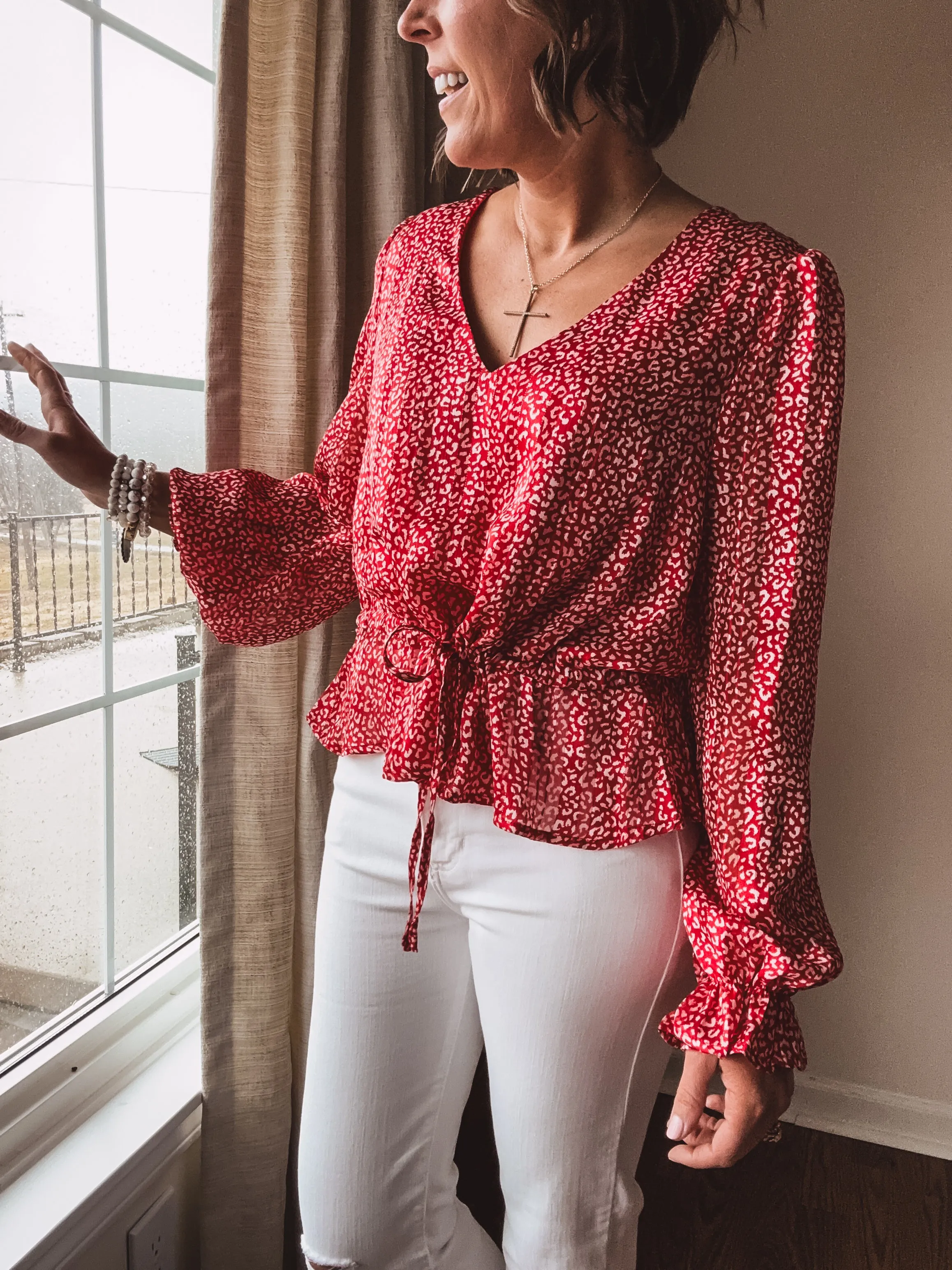 Red   White Mini Leo Print V Neck Blouse with Tie Waist