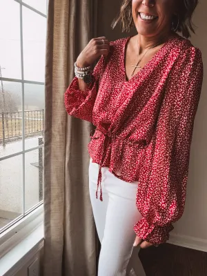 Red   White Mini Leo Print V Neck Blouse with Tie Waist
