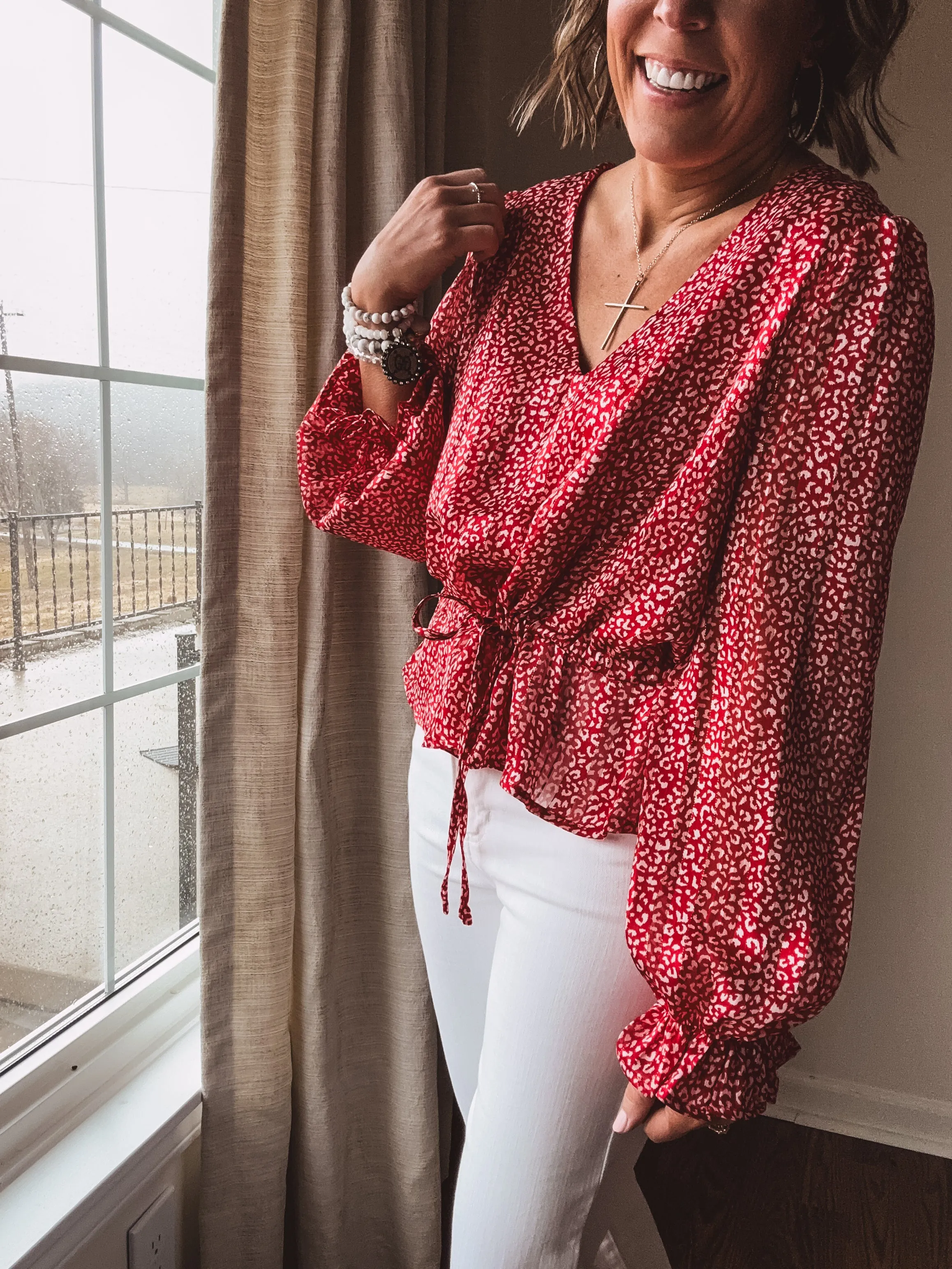 Red   White Mini Leo Print V Neck Blouse with Tie Waist
