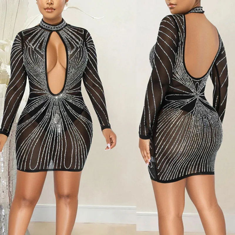 Rhinestone Long Sleeve Cut Out Bodycon Dress