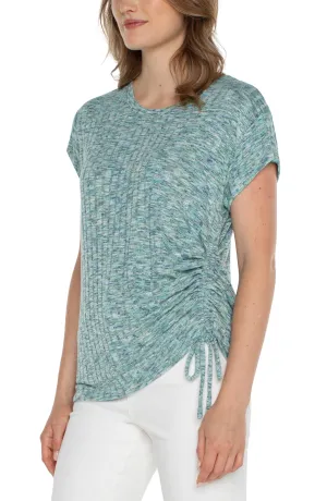 Ribbed Short Cap Slv Scoop neck Top w Side Gather Tie