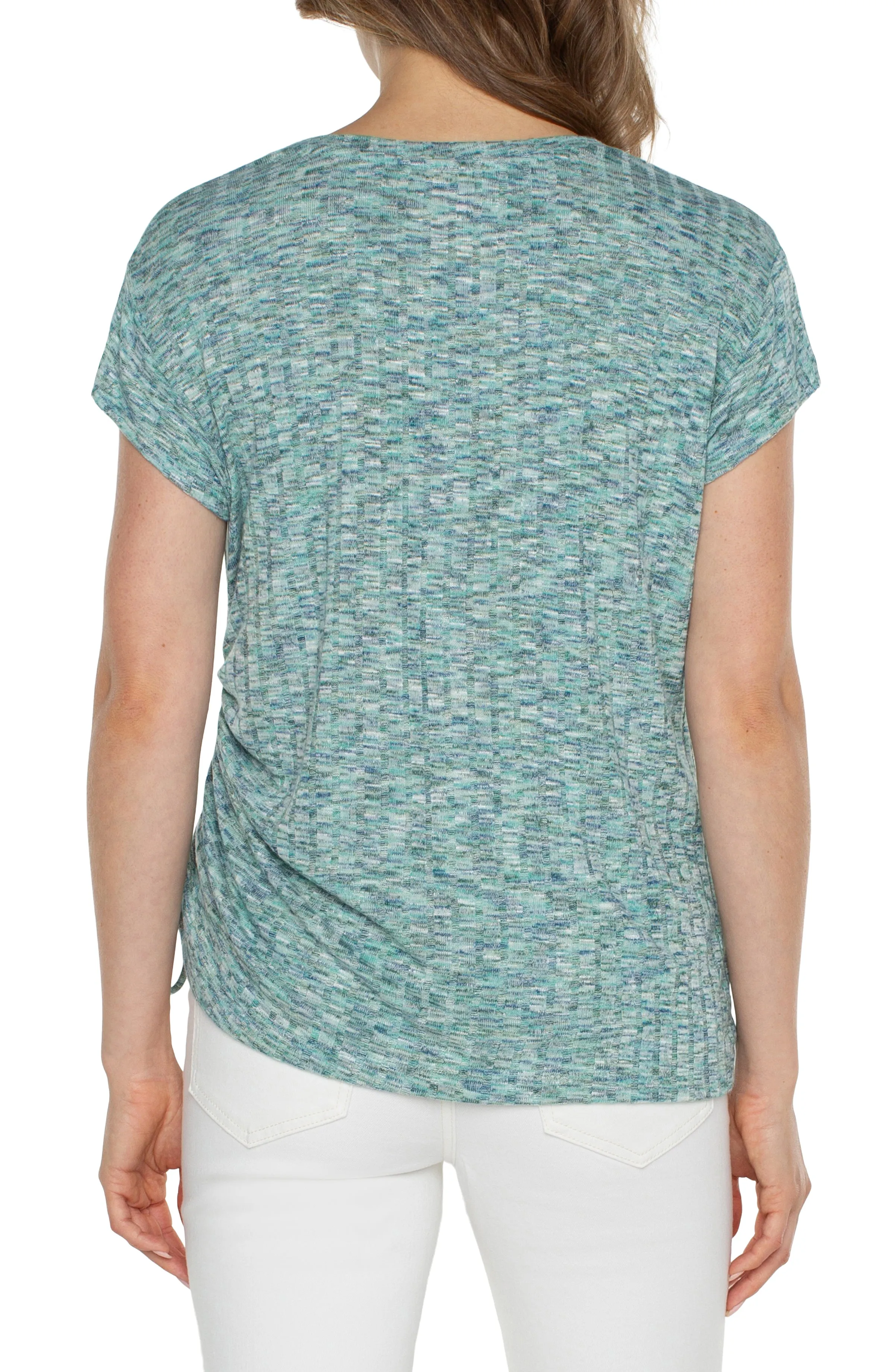 Ribbed Short Cap Slv Scoop neck Top w Side Gather Tie