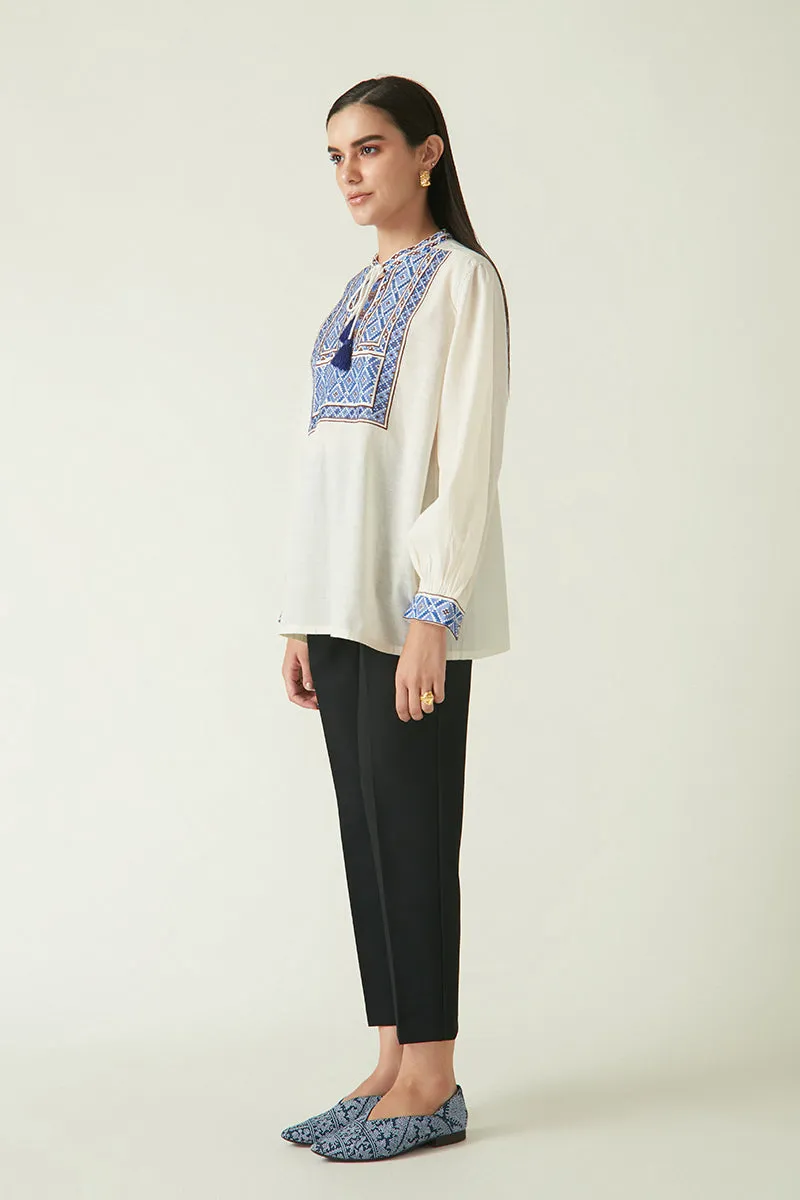 Rockefeller Holidays I  Morotai Embroidered Top Handloom Cotton Ivory/Blue Java collection 1JV-109B
