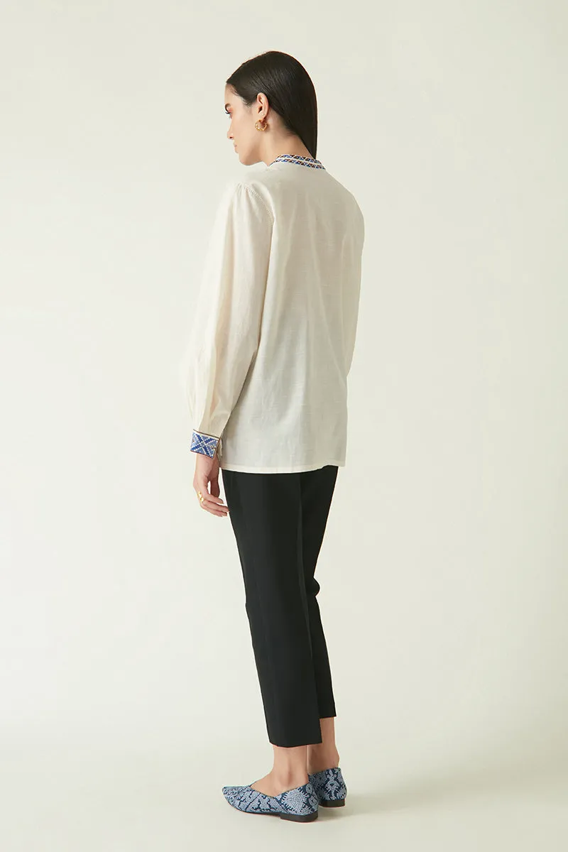 Rockefeller Holidays I  Morotai Embroidered Top Handloom Cotton Ivory/Blue Java collection 1JV-109B