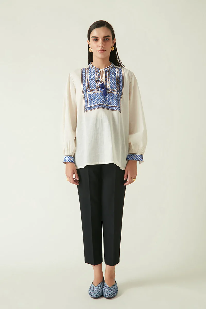 Rockefeller Holidays I  Morotai Embroidered Top Handloom Cotton Ivory/Blue Java collection 1JV-109B