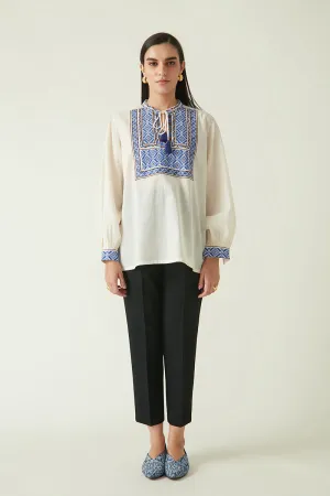 Rockefeller Holidays I  Morotai Embroidered Top Handloom Cotton Ivory/Blue Java collection 1JV-109B
