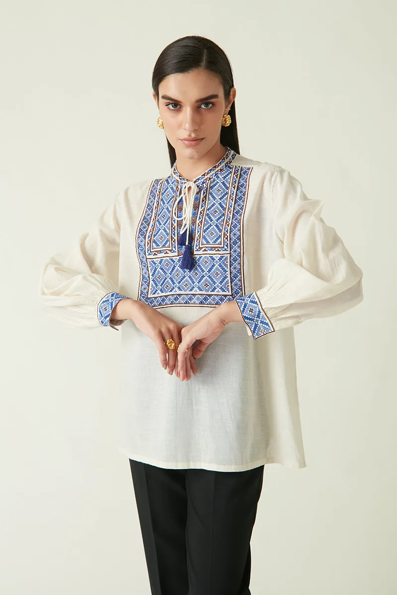 Rockefeller Holidays I  Morotai Embroidered Top Handloom Cotton Ivory/Blue Java collection 1JV-109B