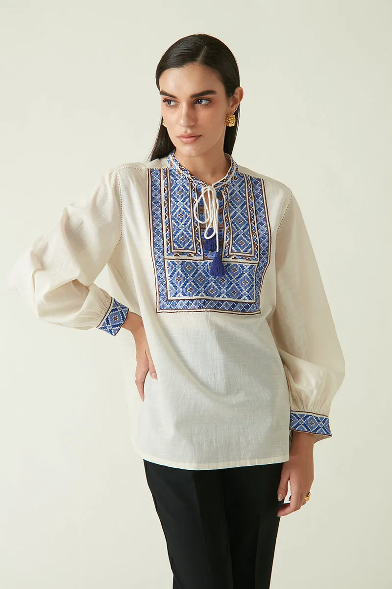 Rockefeller Holidays I  Morotai Embroidered Top Handloom Cotton Ivory/Blue Java collection 1JV-109B
