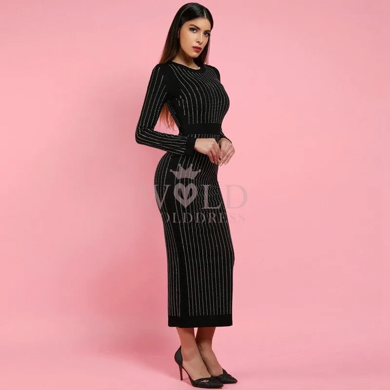 Round Neck Long Sleeve Rhinestone Over Knee Bandage Dress SP023