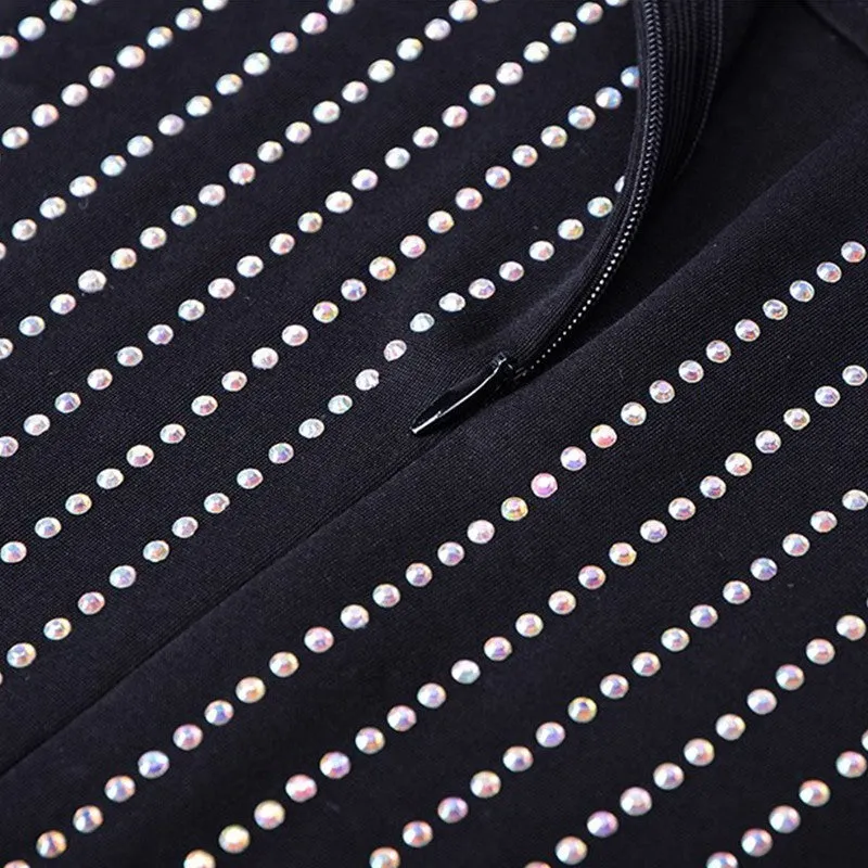 Round Neck Long Sleeve Rhinestone Over Knee Bandage Dress SP023