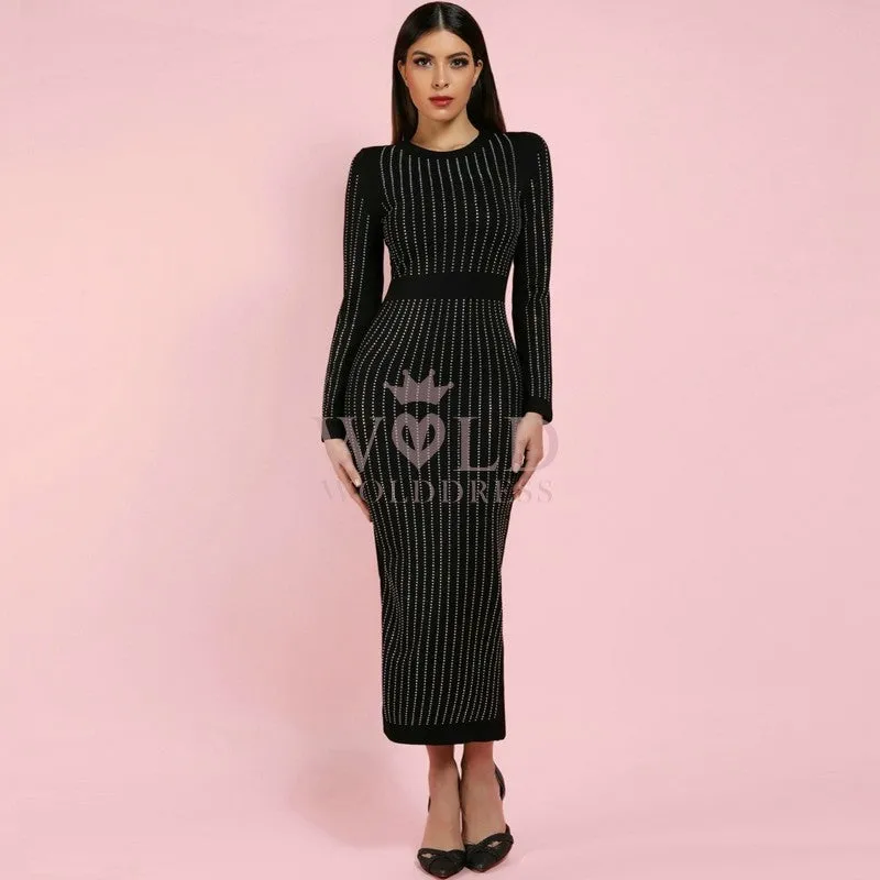 Round Neck Long Sleeve Rhinestone Over Knee Bandage Dress SP023