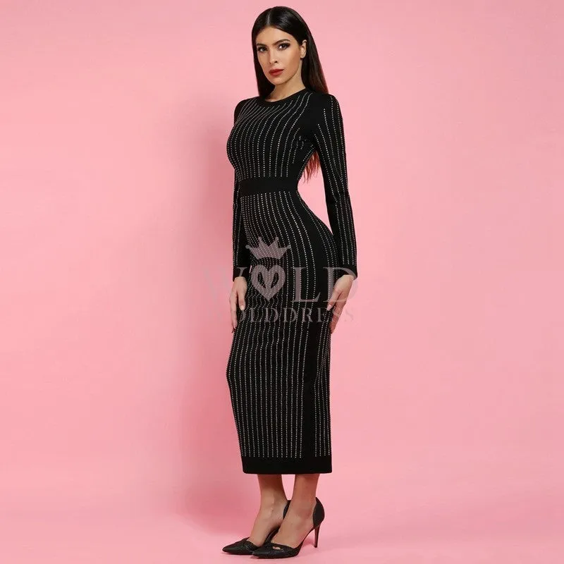 Round Neck Long Sleeve Rhinestone Over Knee Bandage Dress SP023