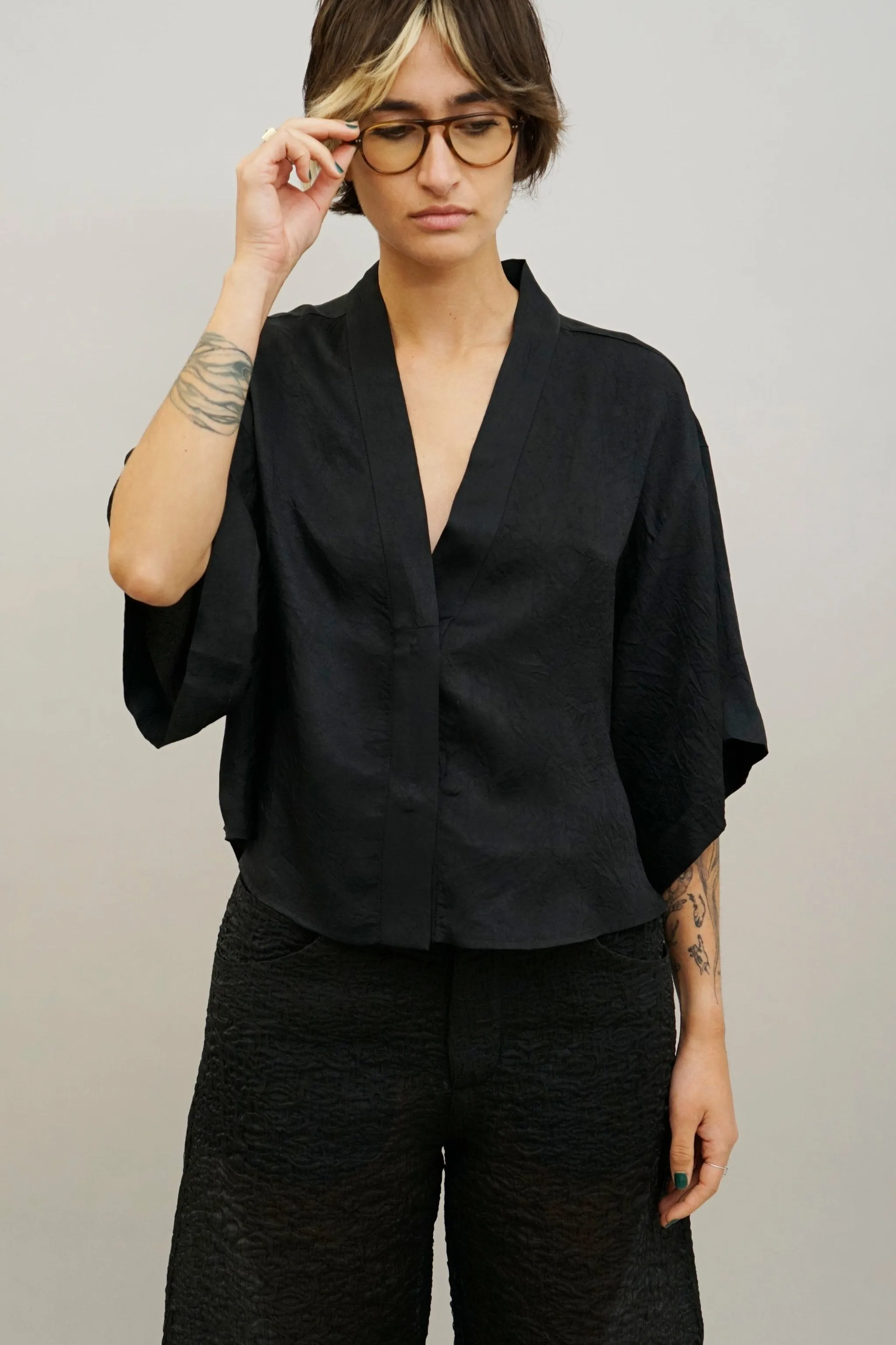 Row Black V-Neck Button-Down Top
