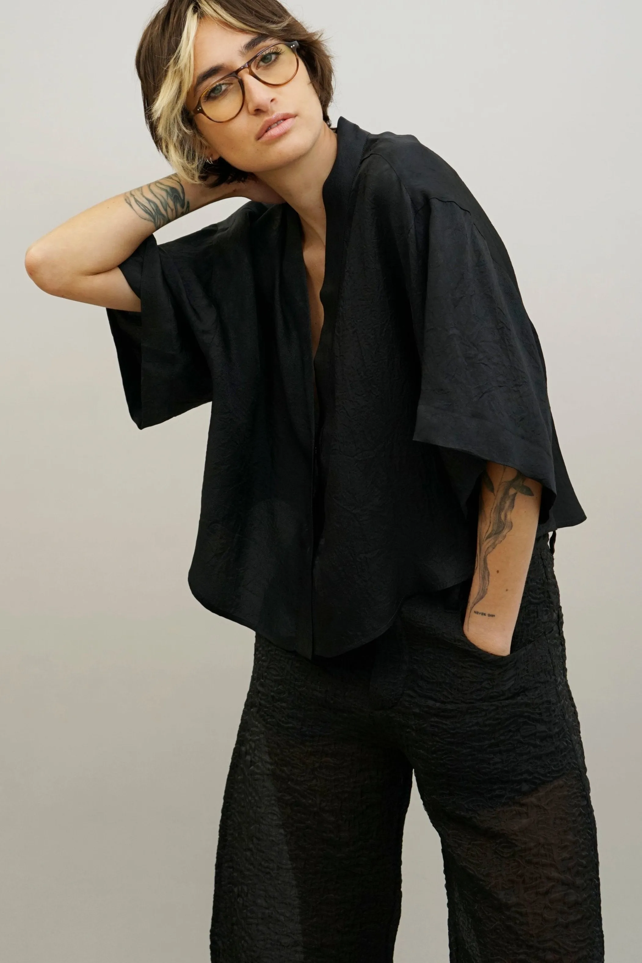 Row Black V-Neck Button-Down Top