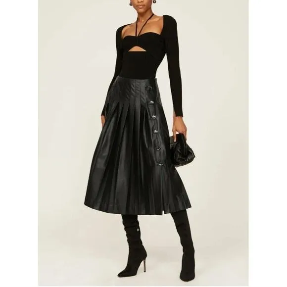 RTR sz 34 /2 Altuzarra tullia solid black faux leather pleated side button skirt