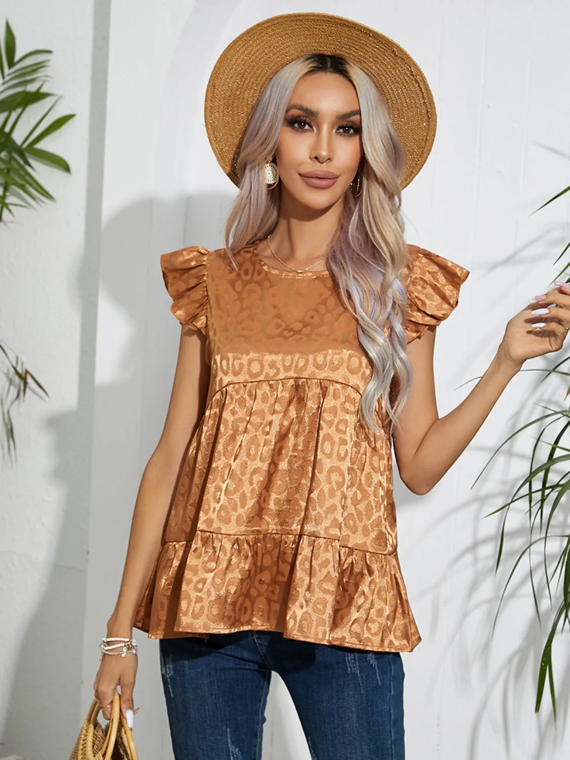 Ruffled Leopard Cap Sleeve Top