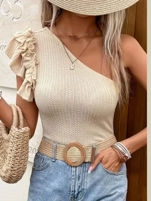 Ruffled One Shoulder Cap Sleeve T-Shirt
