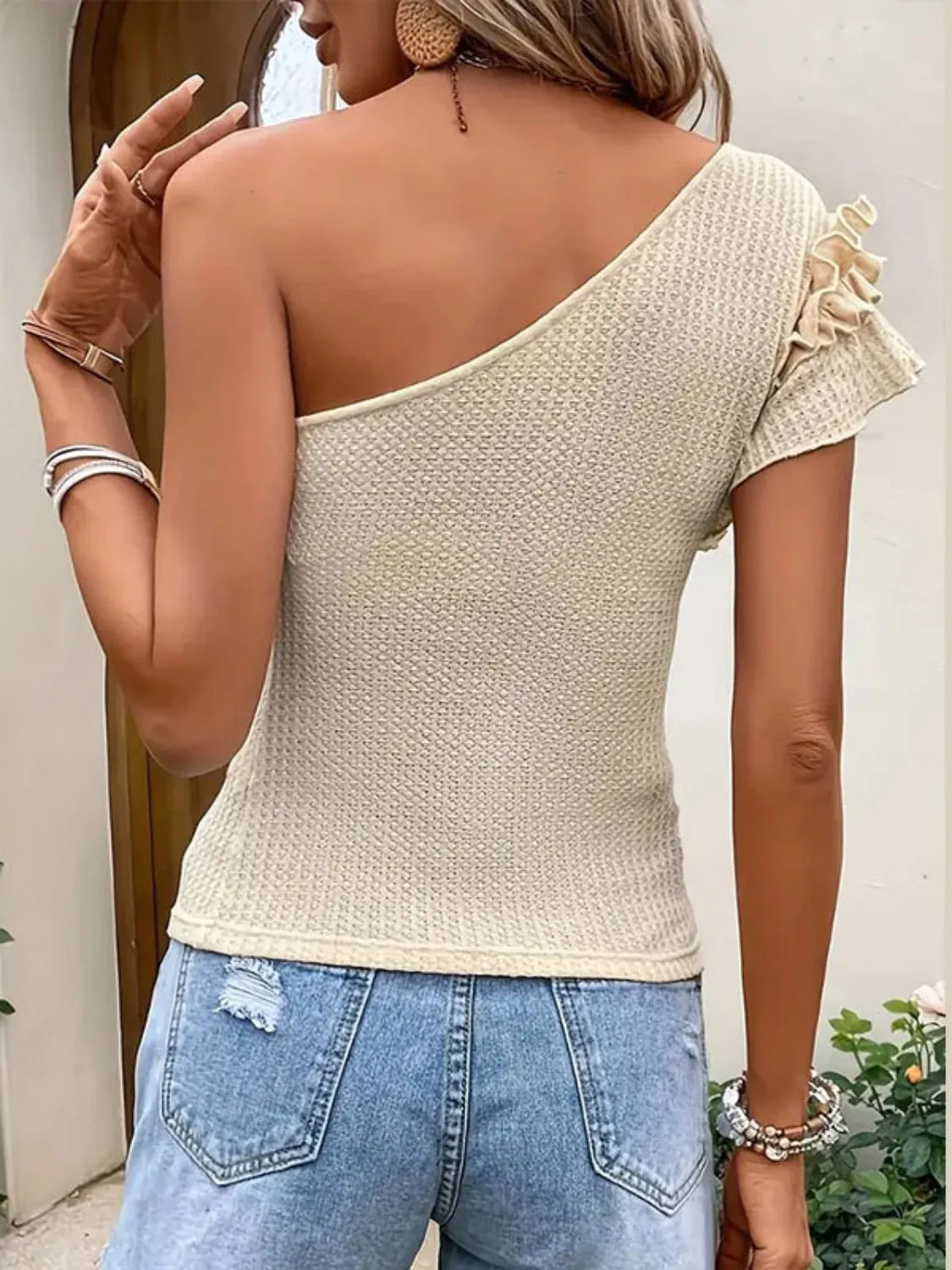Ruffled One Shoulder Cap Sleeve T-Shirt