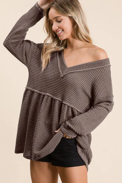 Sabelle Waffle Knit V-Neck Babydoll Blouse