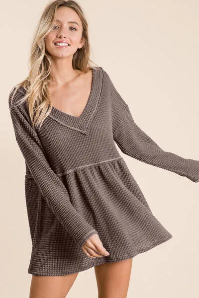 Sabelle Waffle Knit V-Neck Babydoll Blouse