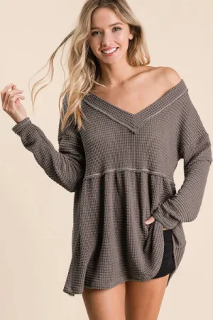 Sabelle Waffle Knit V-Neck Babydoll Blouse